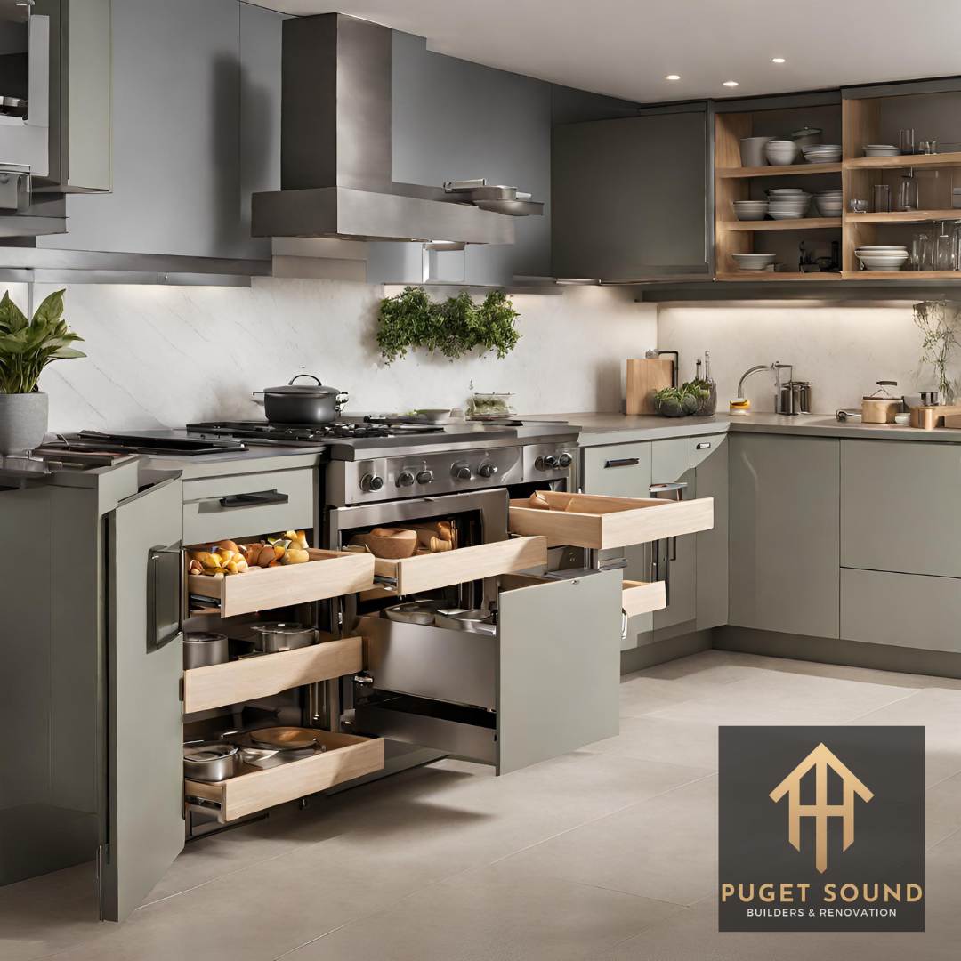 A detailed view of an ergonomically designed kitchen by highlighting features like varied counter heights, strategically placed appliances, and easy-access storage solutions. (1)