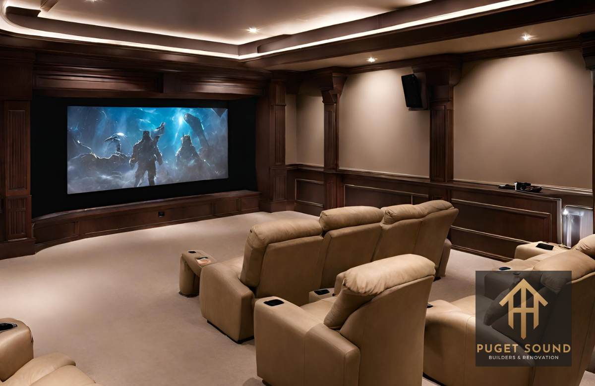 A luxurious home theater setup in a basement, featuring plush seating, a large projection screen, and ambient lighting designed for an optimal viewing experience.