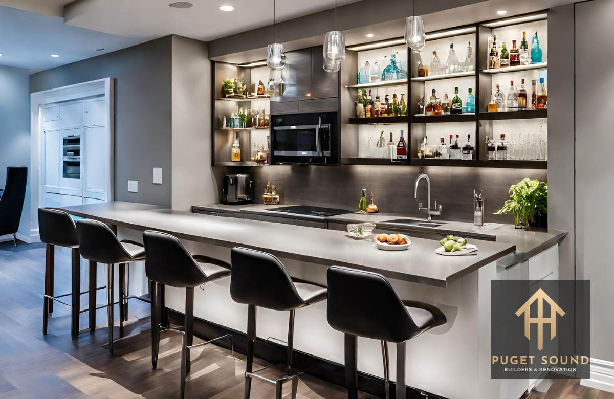 A modern and elegant built-in bar or kitchenette in a basement, showcasing sleek cabinetry, trendy bar stools, and state-of-the-art appliances.