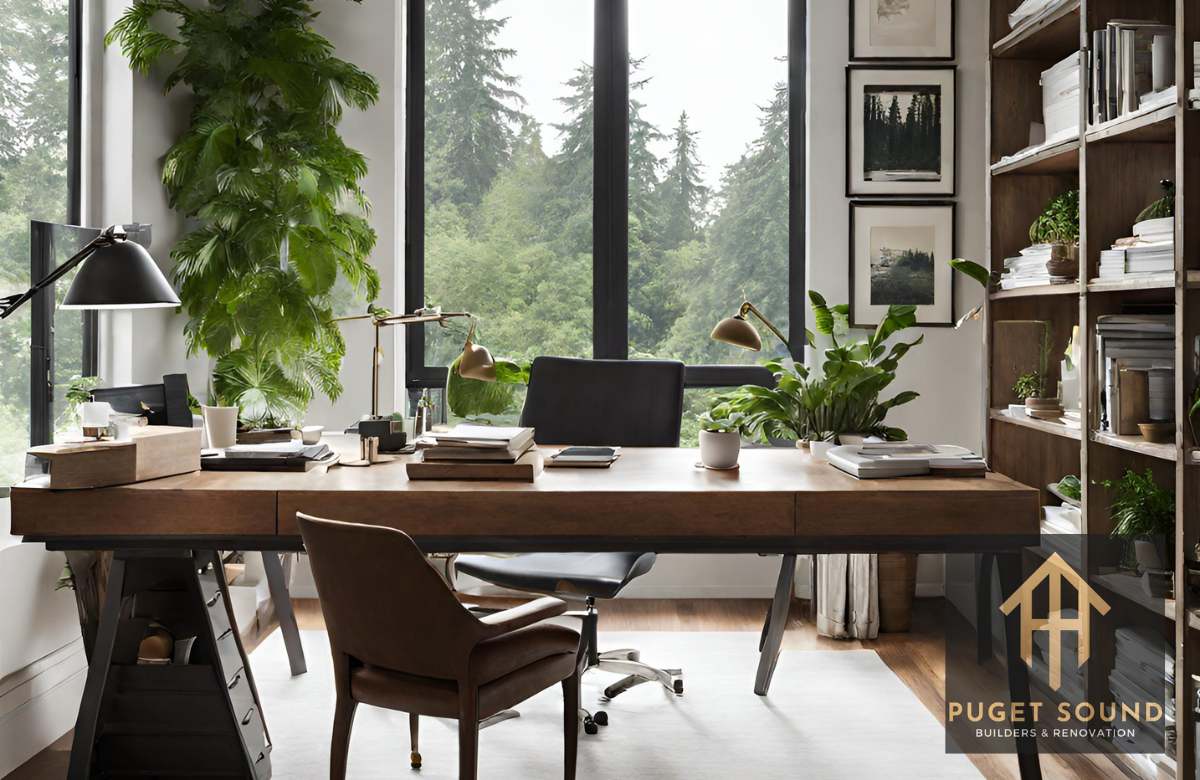 A serene and well-organized home office space, ideally with a backdrop that includes elements indicative of Seattle, such as a view of lush greenery