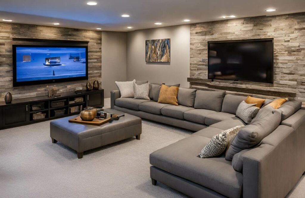 A visually appealing, modern basement remodeled, highlighting a comfortable living area with contemporary furnishings and ambient lighting.