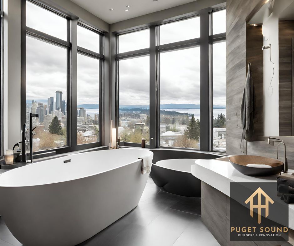 a modern, spacious bathroom with a free-standing tub, large windows, and elegant lighting in Seattle. (1)