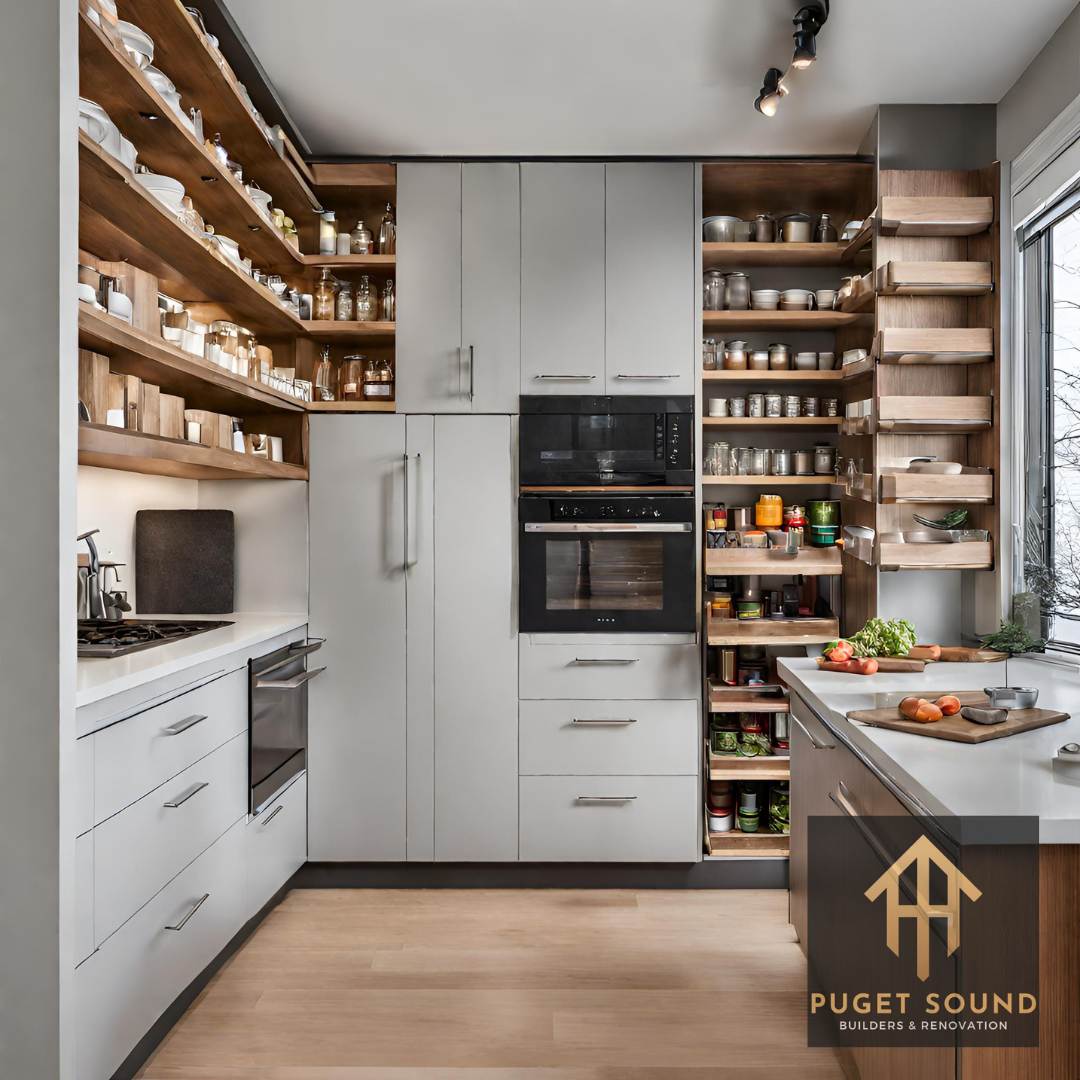 modern kitchen with vertical storage, pull-out pantries, and multi-purpose furniture that doubles as storage and seating in Seattle Washington (1)