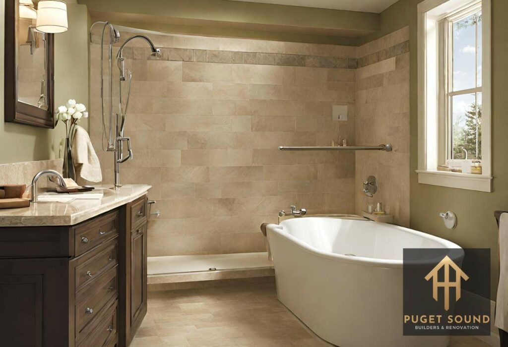 showcasing a bathroom with universal design features, such as a walk-in tub and grab bars, to enhance accessibility