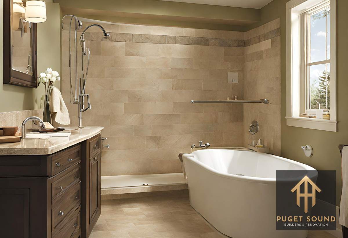 showcasing a bathroom with universal design features, such as a walk-in tub and grab bars, to enhance accessibility