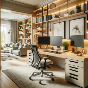 Chic home office in Bellevue, WA, with ergonomic furniture, custom-built workstations, and advanced tech, designed by Puget Sound Builders & Renovation to optimize productivity and style in a remote work environment