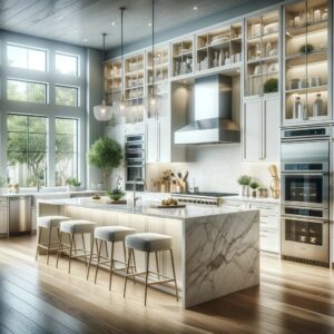 Contemporary Bellevue kitchen remodel featuring a marble waterfall island, white custom cabinetry, and state-of-the-art stainless steel appliances set against a backdrop of large windows and lush outdoor views