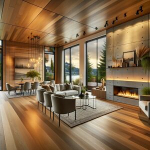 Luxurious modern living room in Issaquah, WA, featuring an elegant electric fireplace, sustainable hardwood floors, and custom-built furnishings, illuminated by natural light from large windows, embodying sophisticated and eco-friendly interior design