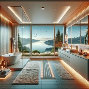 Contemporary bathroom in Kirkland, WA, featuring a walk-in shower, freestanding tub, heated floors, and smart technology, designed by Puget Sound Builders & Renovation, illustrating a blend of modern luxury and spa-like comfort