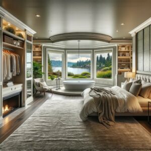 Serene master bedroom in Sammamish, WA, featuring a spacious walk-in closet, en-suite spa-like bathroom, large bay windows, and a custom-built fireplace, illustrating a blend of modern luxury and comfort