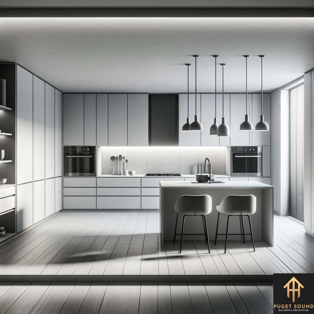 PugetSoundBNR A visualization of a modern, minimalist kitchen with clean lines and a monochromatic color palette.