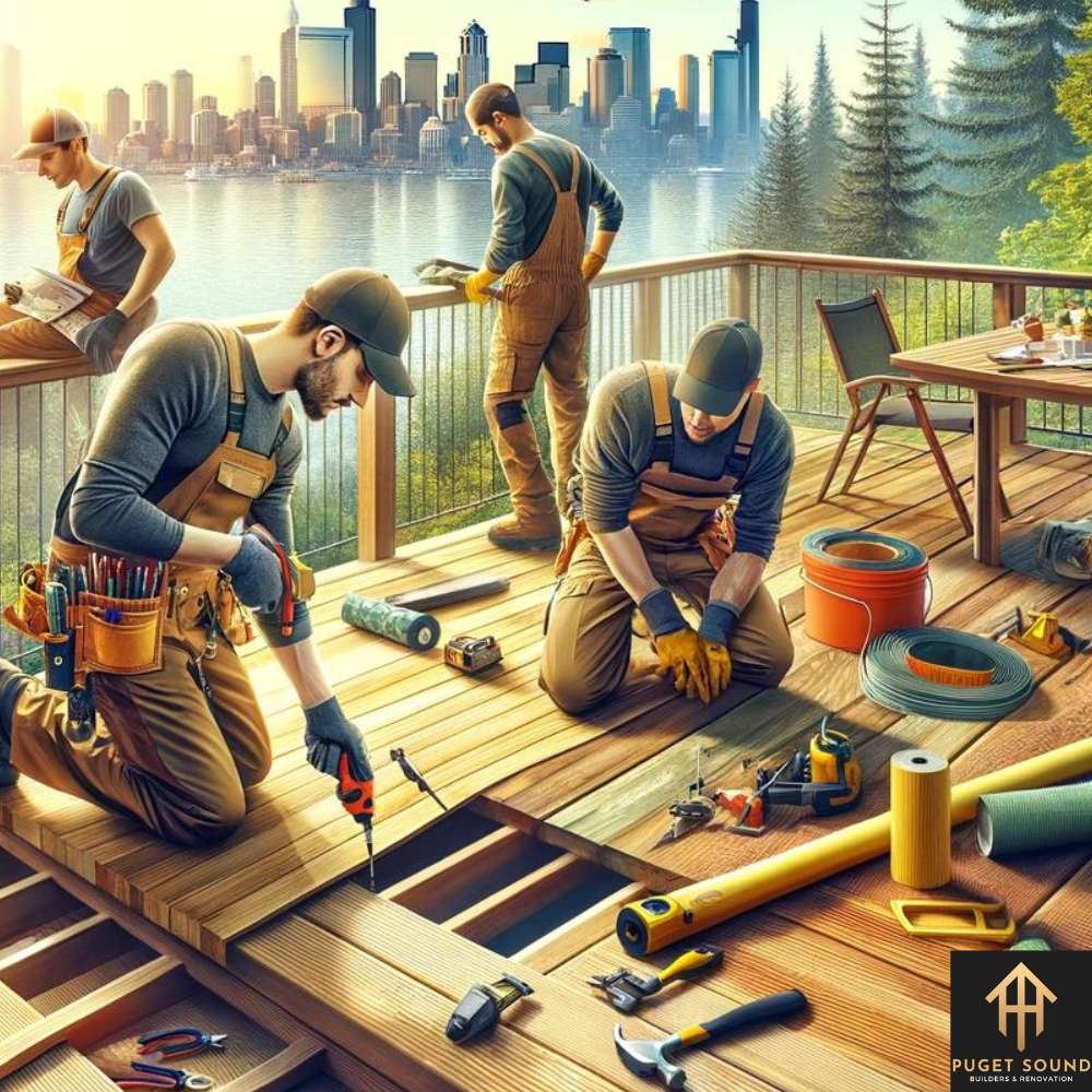 PugetSoundBNR An image depicting a team of professional deck repair specialists at work,.