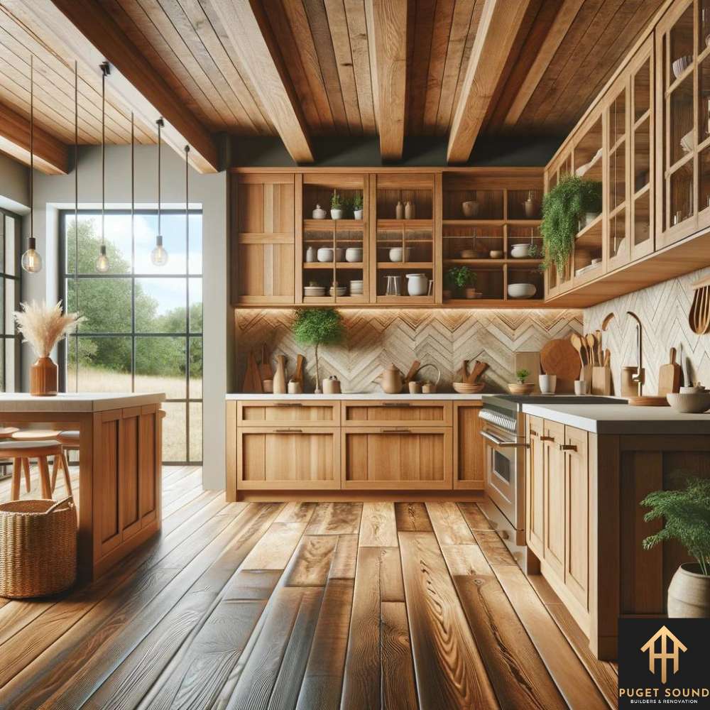 PugetSoundBNR An image of a kitchen featuring warm wood tones in cabinetry, flooring, or ceiling beams, complemented by natural materials like stone or bamboo