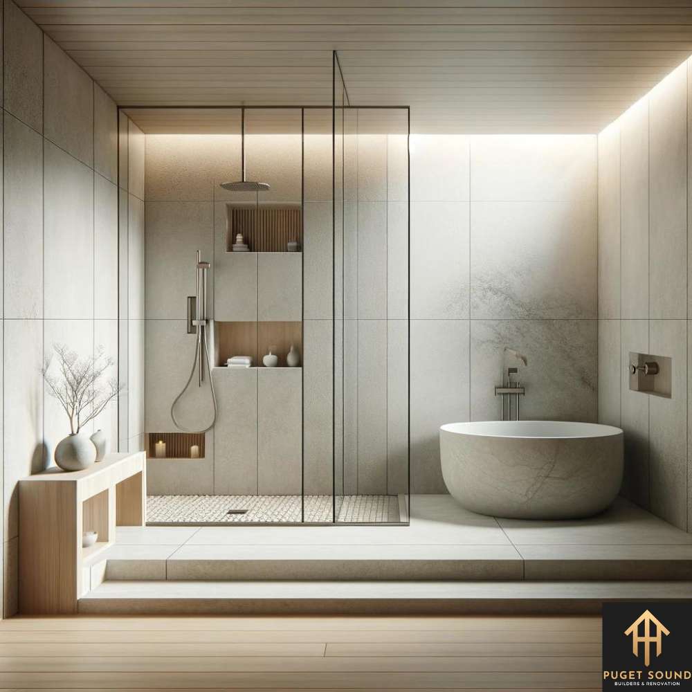 PugetSoundBNR An image of a minimalist Zen bathroom, showcasing a soaking tub with a shower that features frameless glass enclosures and understated hardware (1)