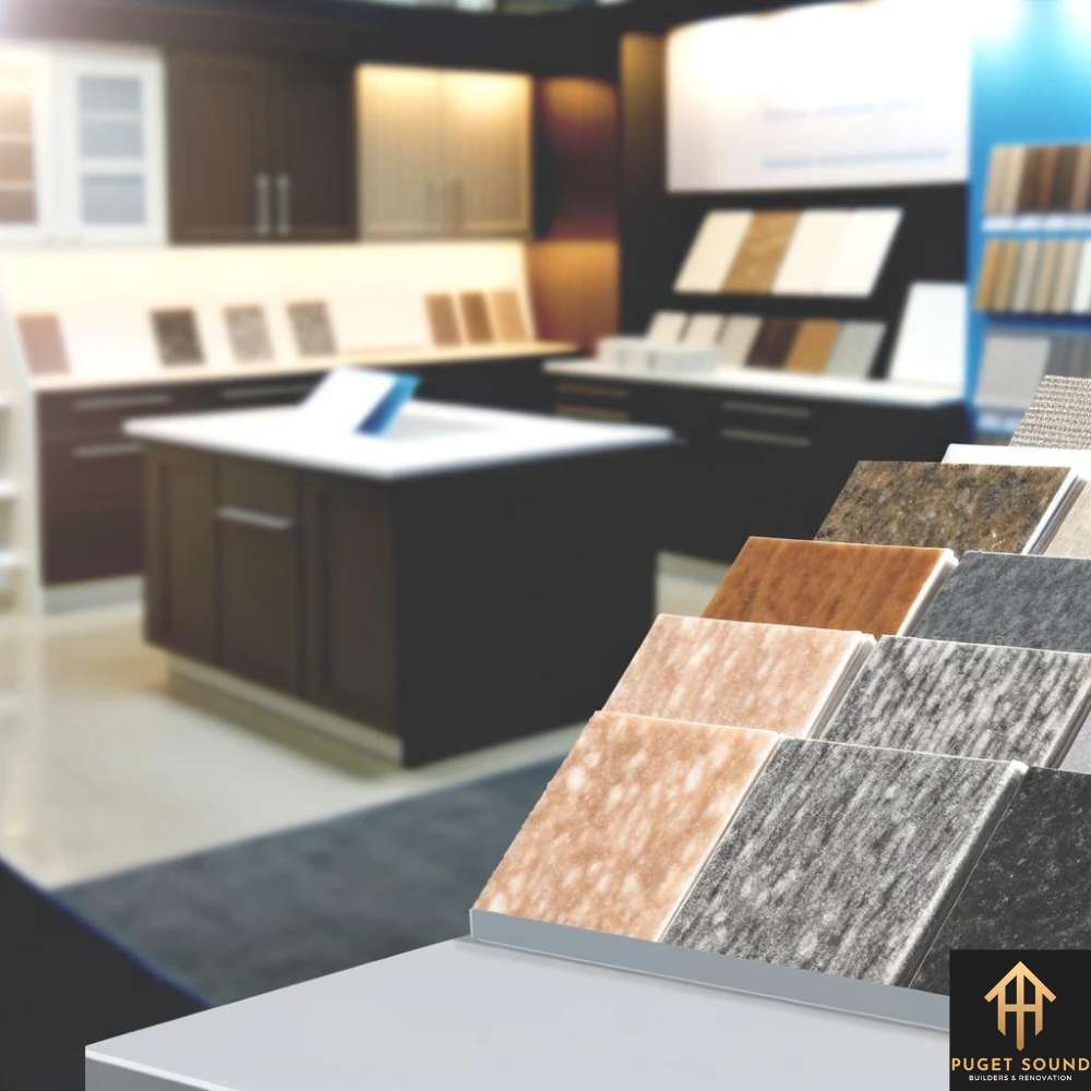 PugetSoundBNR An image showing an array of material samples for countertops, cabinets, and flooring displayed together, illustrating the variety of options,.
