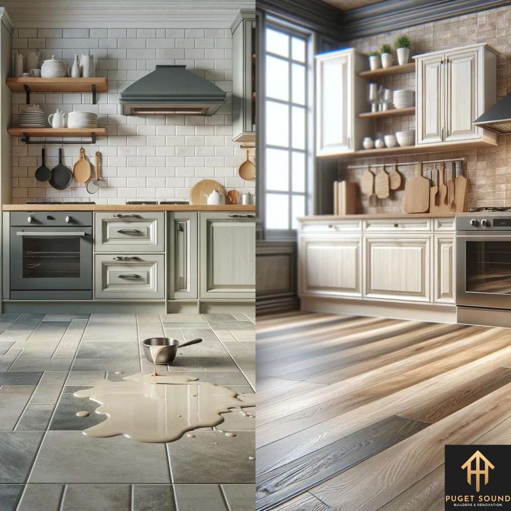PugetSoundBNR Half image of a kitchen with porcelain or ceramic tile flooring, showcasing a variety of tile designs from classic to contemporaryd and Half visualization of a kitchen featuring lux
