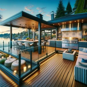 Luxurious waterfront deck in Tacoma, WA, featuring composite materials, glass railing, outdoor kitchen, and custom lighting, showcasing Puget Sound Builders & Renovation's expertise in creating sophisticated outdoor living spaces