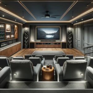 Realistic view of a high-end media room in Bothell, WA, featuring theater-style seating, ultra-HD screen, and surround sound system, exemplifying Puget Sound Builders & Renovation's expertise in creating luxurious entertainment spaces