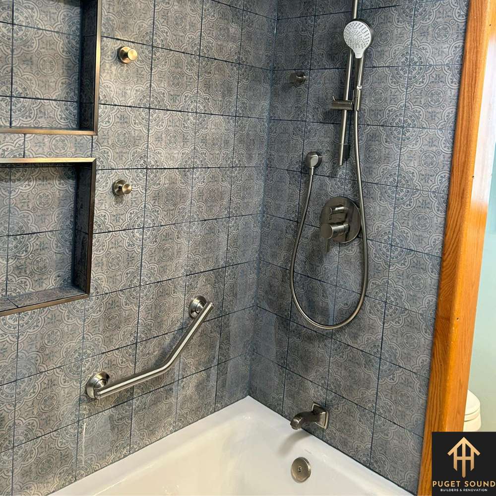 Elegant and modern bathroom transformation showcasing high-quality remodeling services in Puget Sound, featuring contemporary fixtures, sleek design, and enhanced functionality.