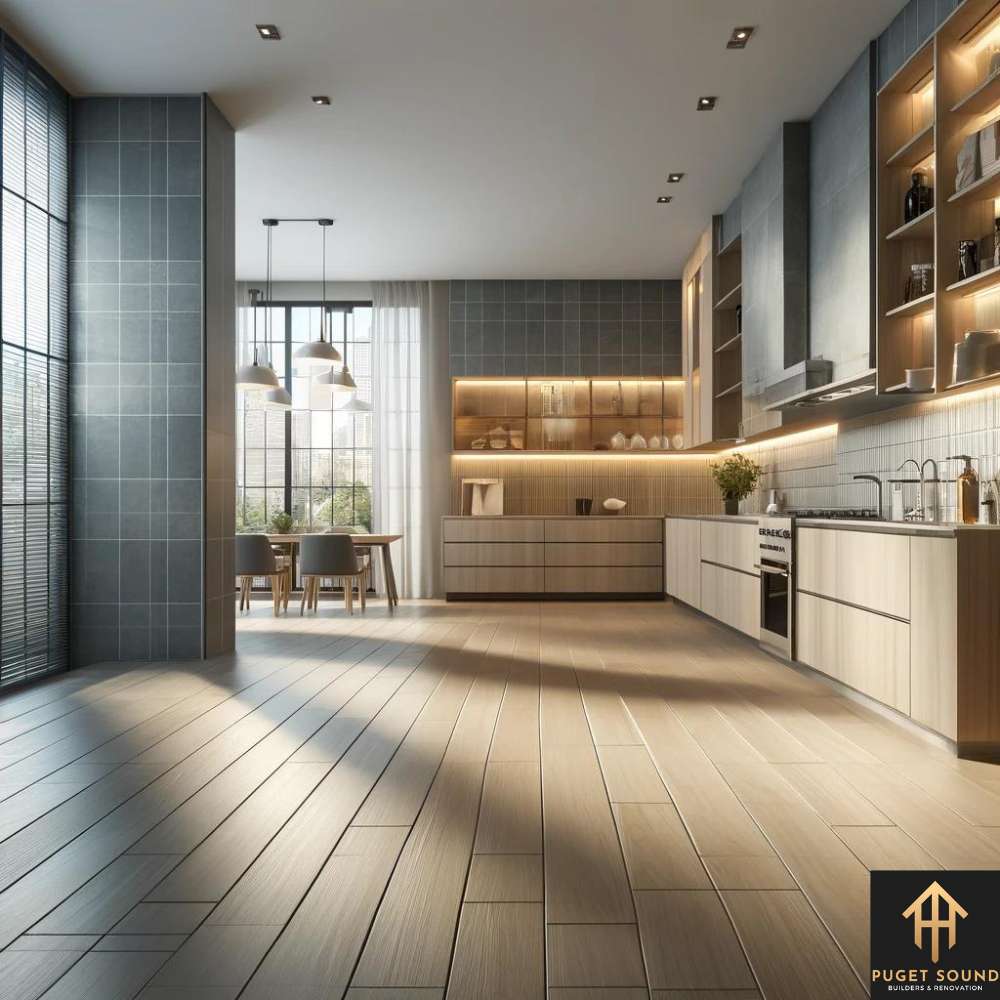 PugetSoundBNR Visualize a spacious kitchen or bathroom featuring large format floor tiles.