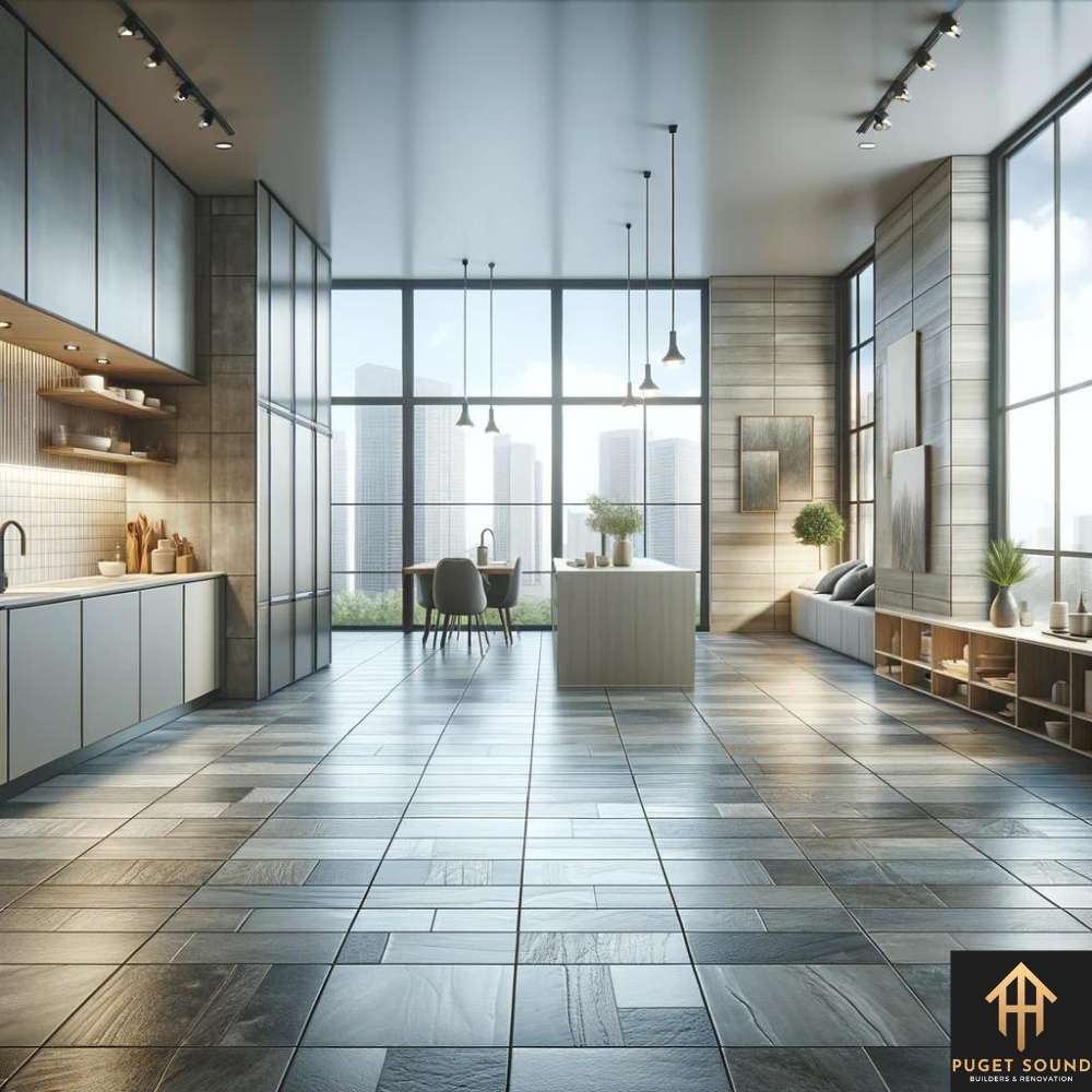 PugetSoundBNR Visualize a spacious kitchen or bathroom featuring large format floor tiles. The design should showcase the sleek appearance provided by the tiles